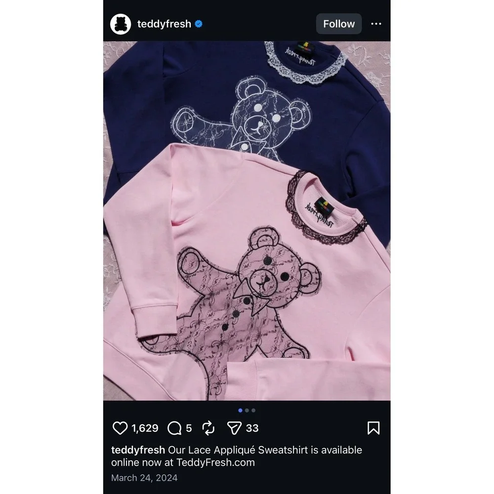 Teddy Fresh sweatshirt XL Navy blue white bear lace appliqué RARE - Picture 8 of 9